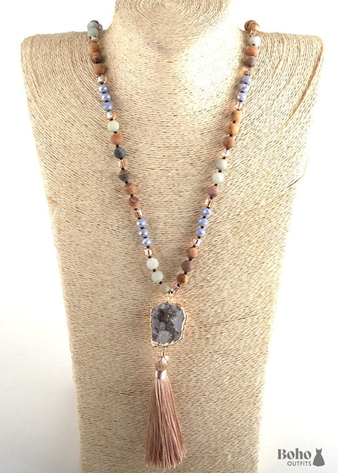 Boho Necklace, RH Amazonite Jasper, Crystal Tassel Brown Natural Stone